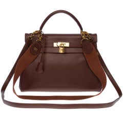 Hermès Kelly 32cm sac à main avec 2 sangles en cuir d'epsom brun et GHW