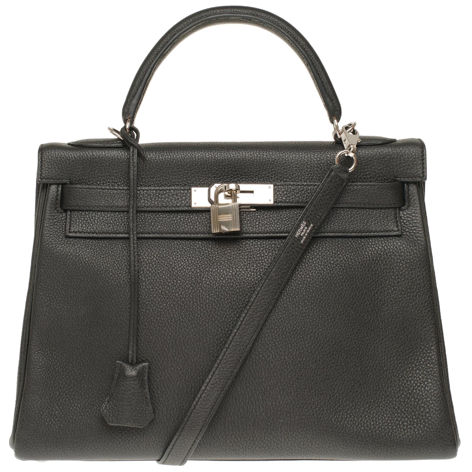 Hermès Kelly 32cm handbag with strap in black togo leather, silver hardware!