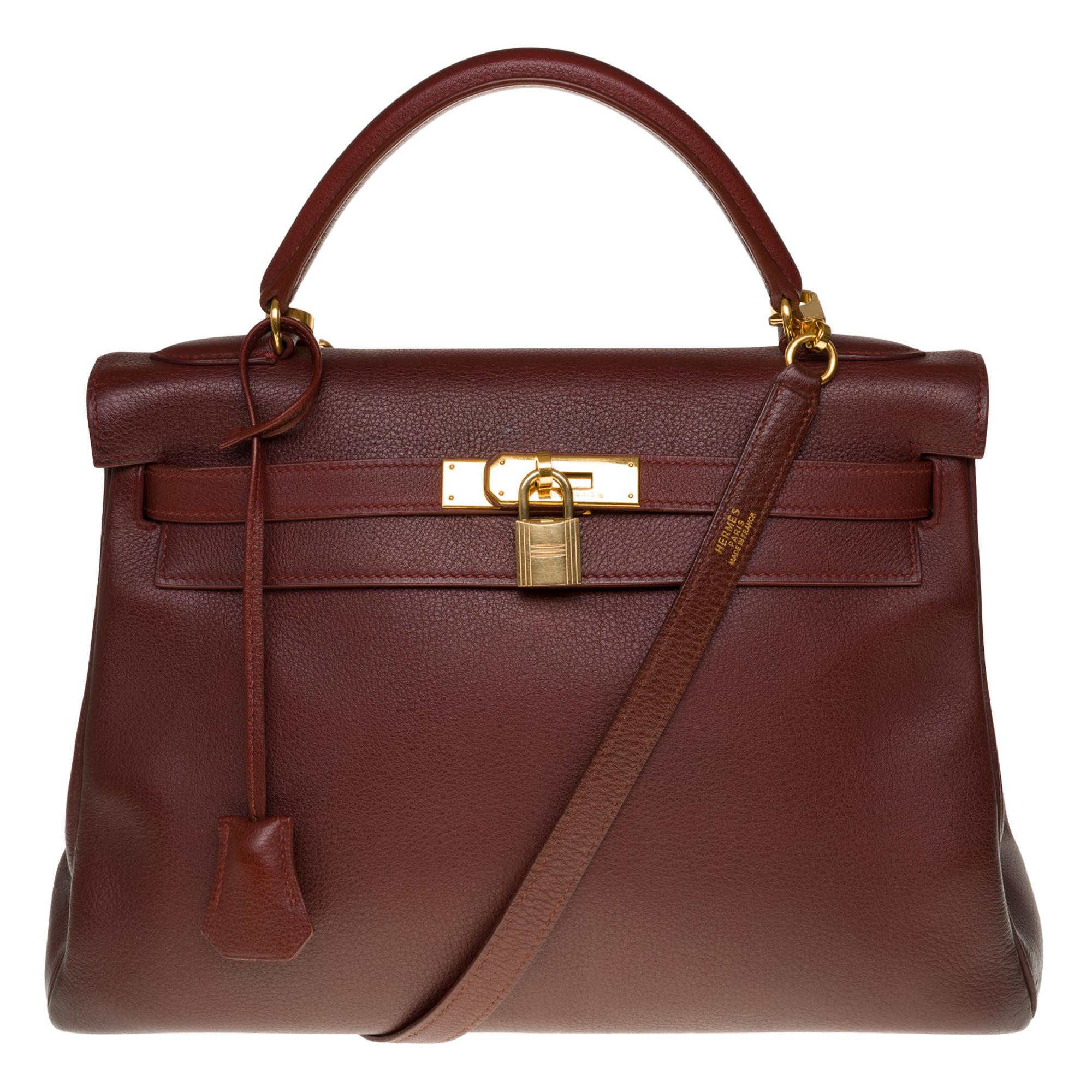Hermès Kelly 32cm handbag with strap in brown Mysore Goat leather and GHW