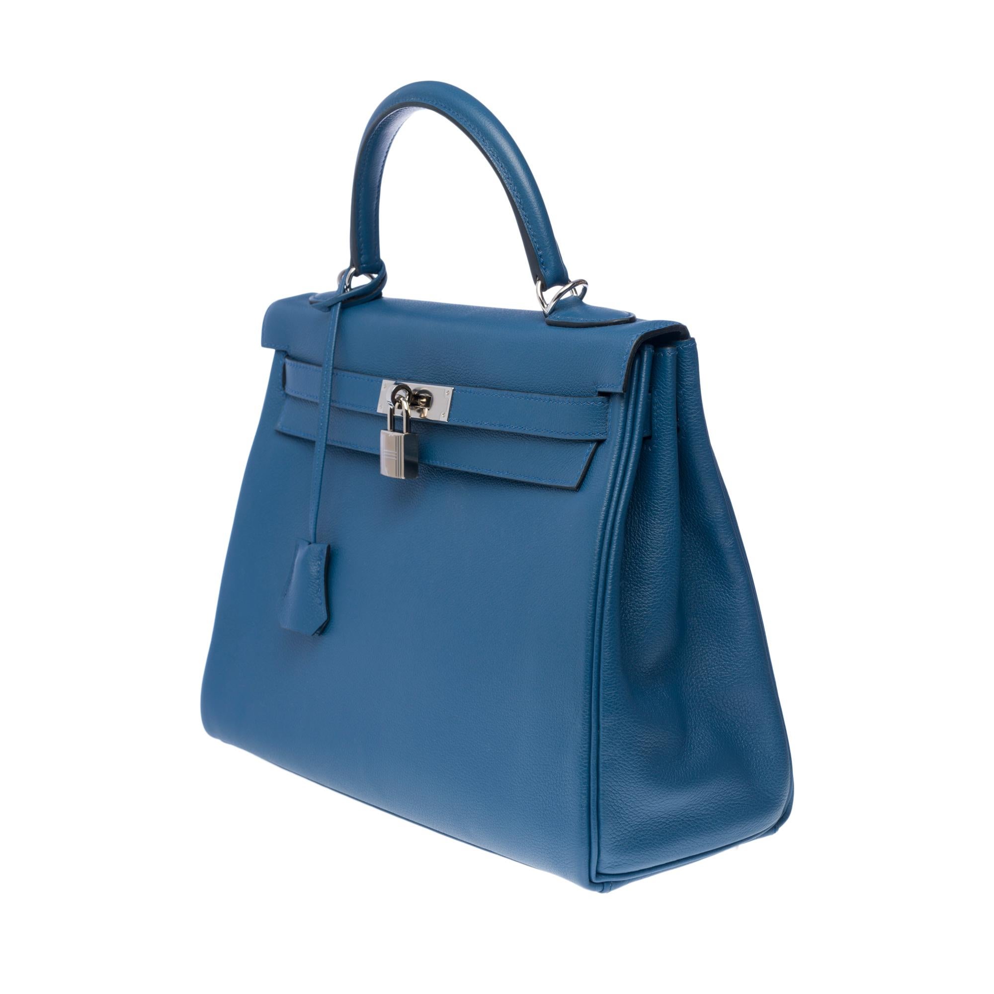 Orange Hermès Kelly 32cm handbag with strap in Evercolor blue Agate leather, SHW