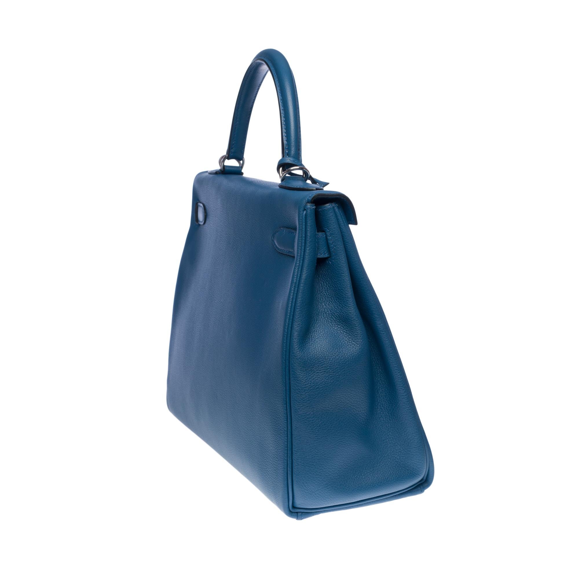 Hermès Kelly 32cm handbag with strap in Evercolor blue Agate leather, SHW In Excellent Condition In Paris, IDF