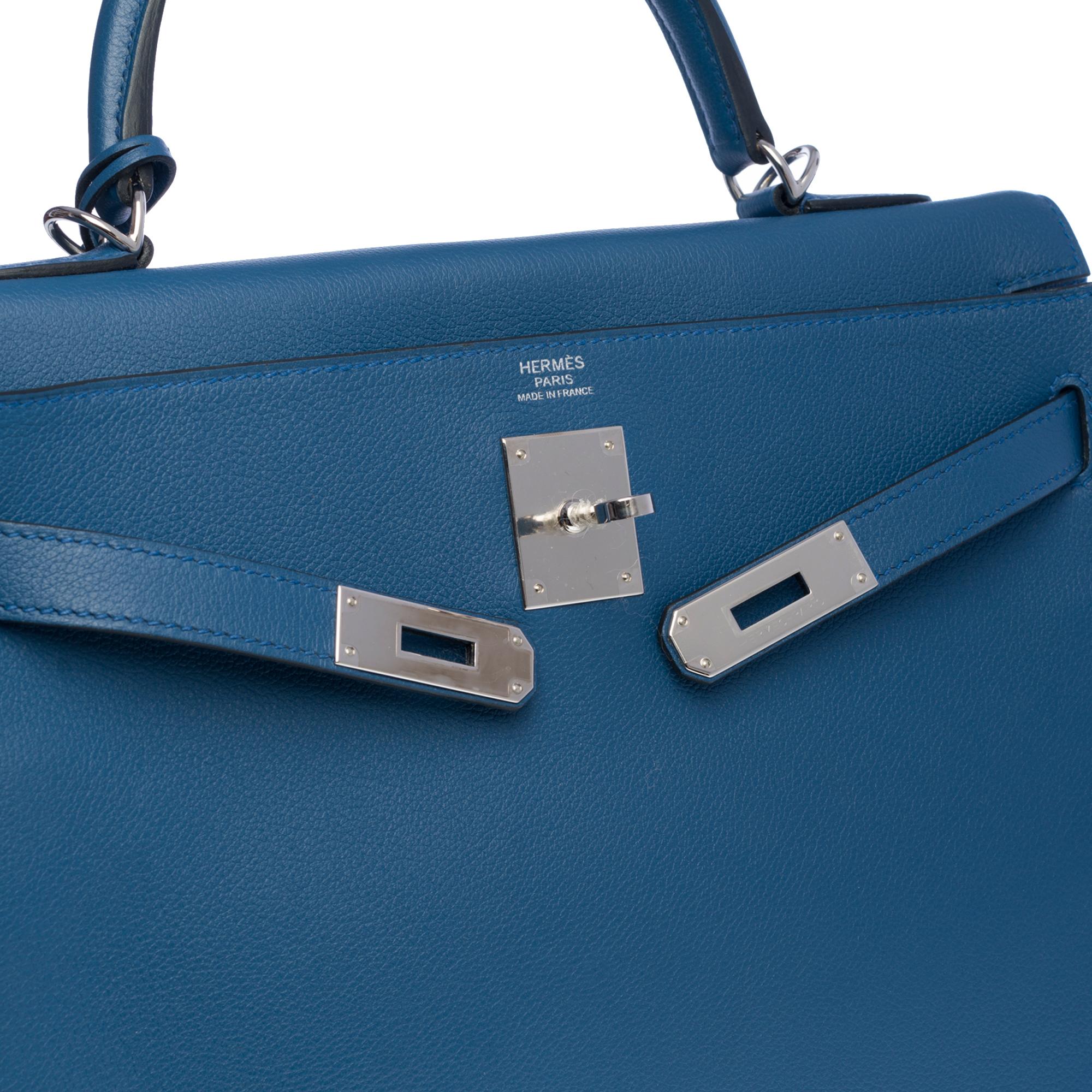 Women's Hermès Kelly 32cm handbag with strap in Evercolor blue Agate leather, SHW