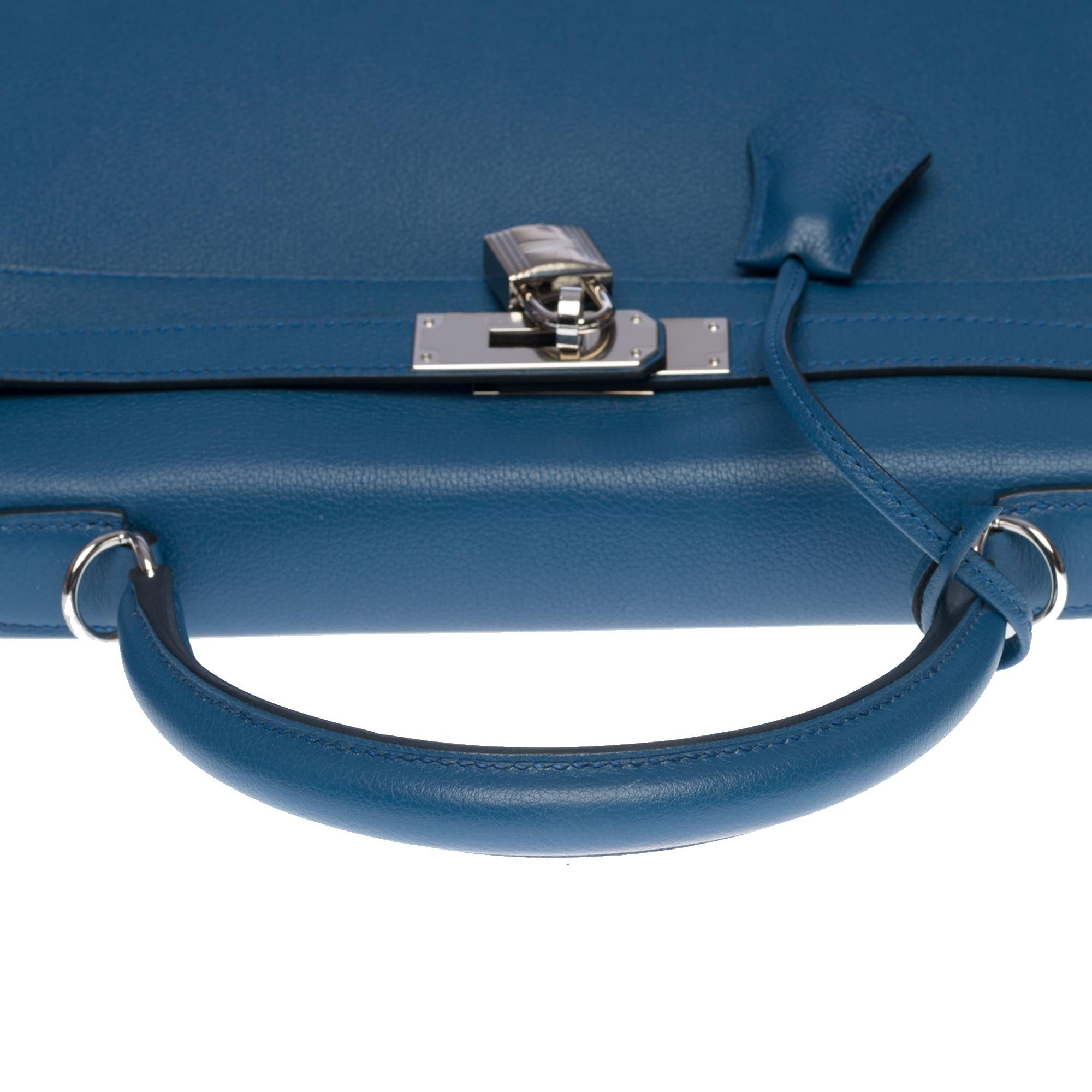 Hermès Kelly 32cm handbag with strap in Evercolor blue Agate leather, SHW 3