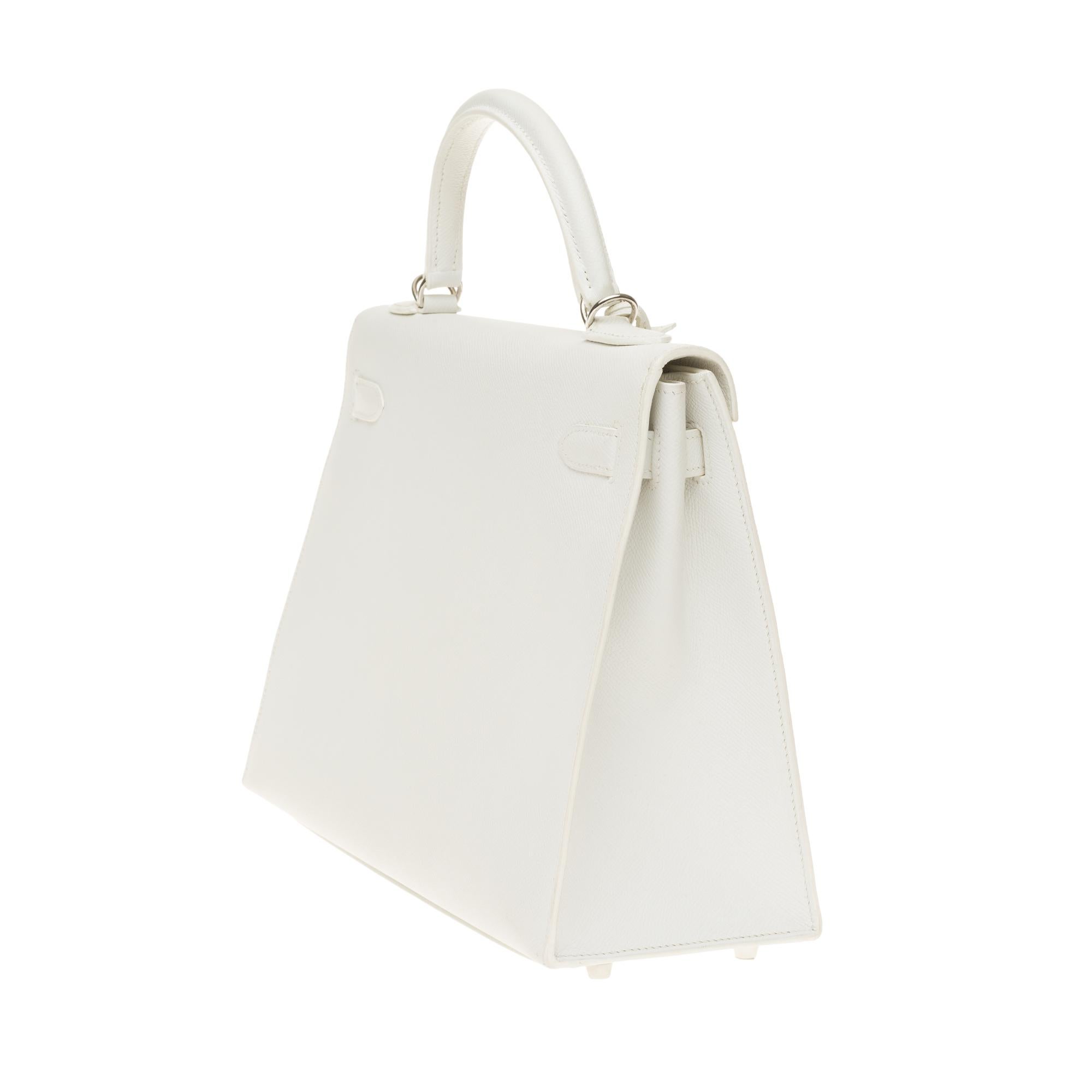 White Hermès Kelly 32cm handbag with strap in white epsom leather, Palladium hardware