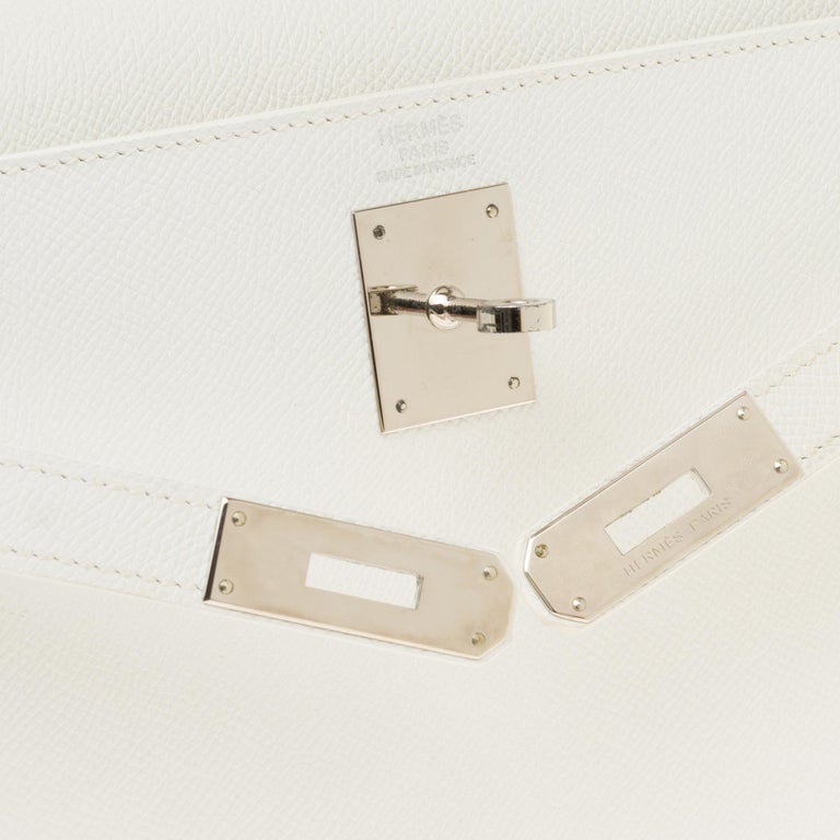 Hermès Kelly 32cm handbag with strap in white epsom leather, Palladium ...
