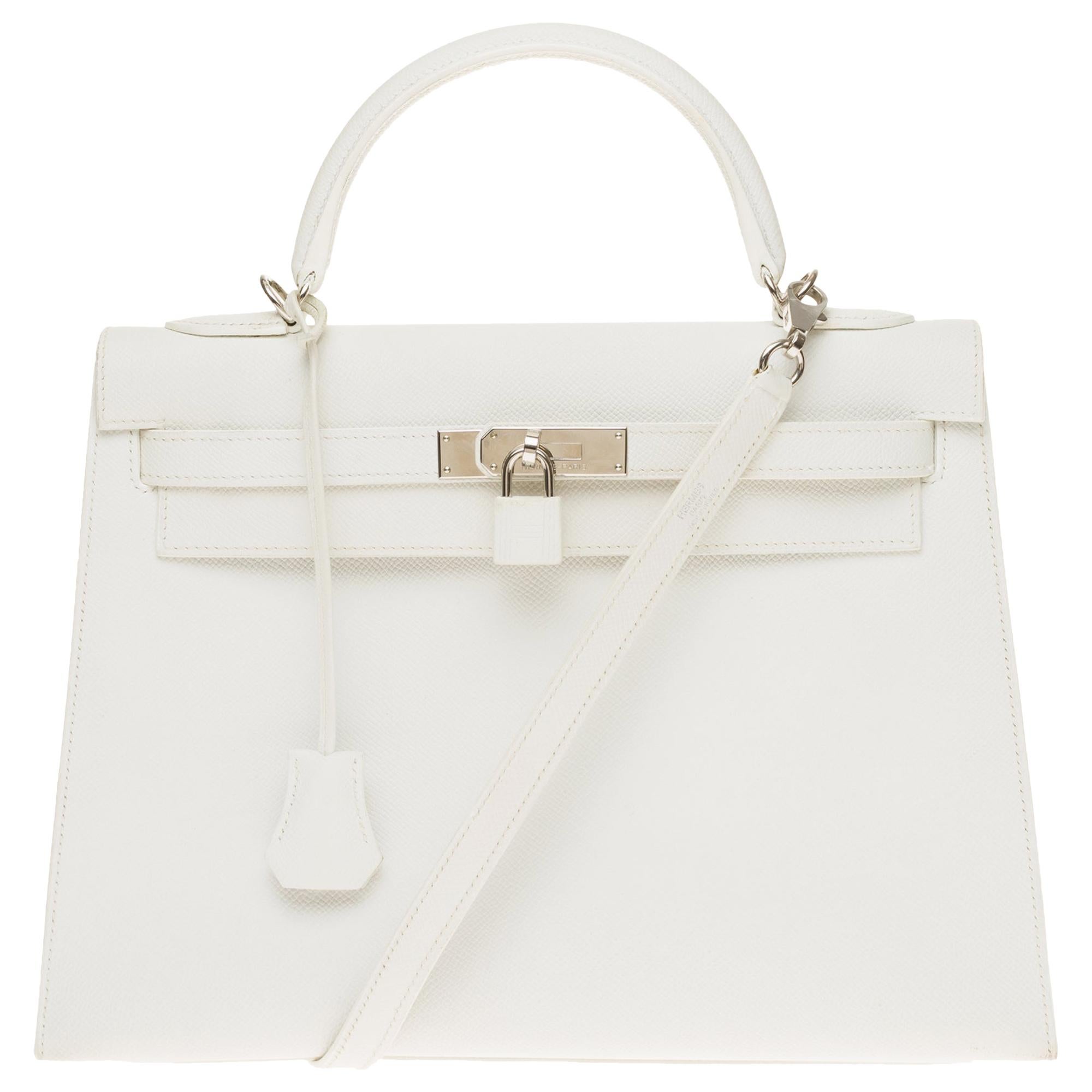 Hermès Kelly 32cm handbag with strap in white epsom leather, Palladium hardware