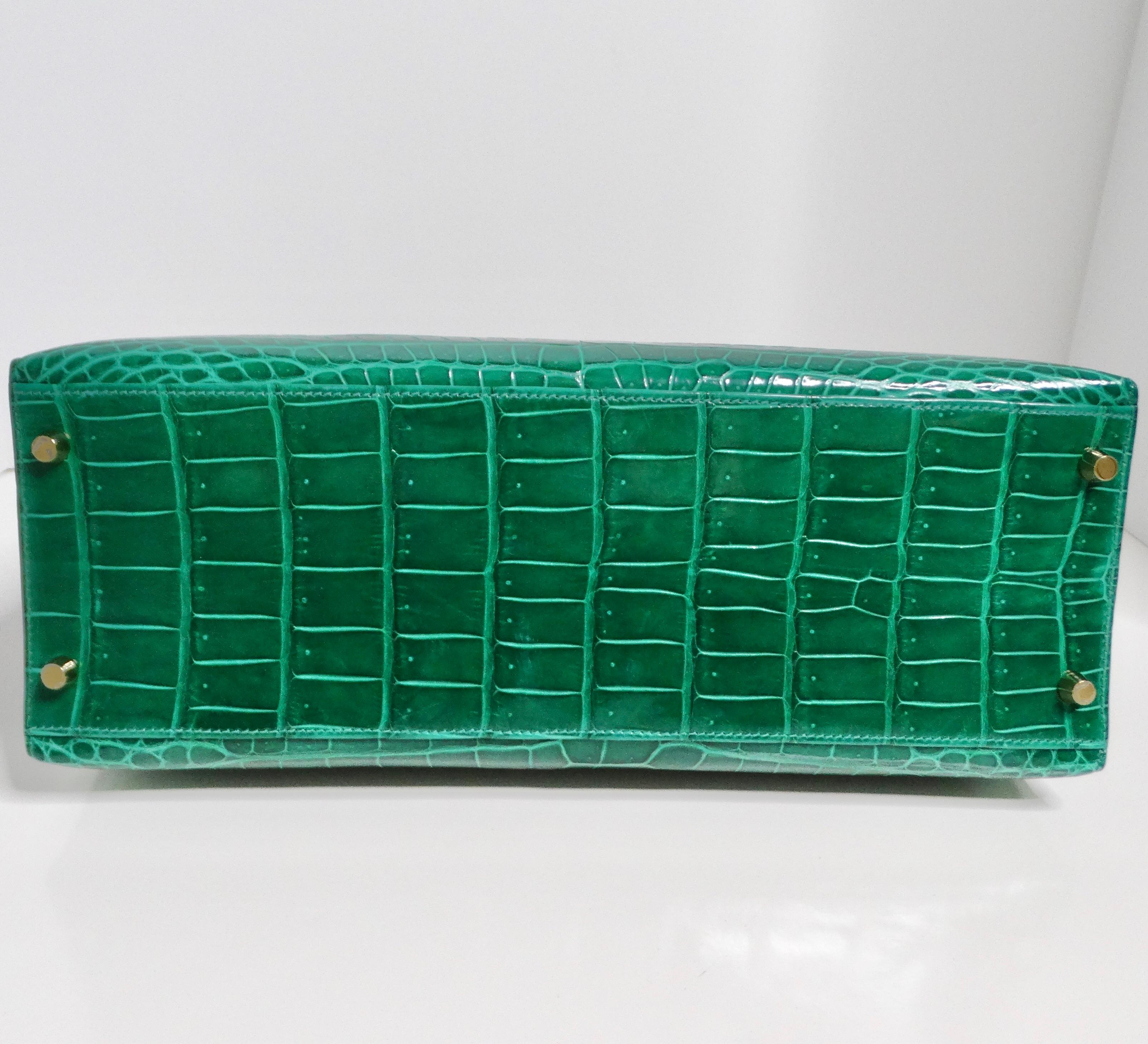 Hermes Kelly 35cm Malachite Shiny Crocodile Porosus Gold Hardware For Sale 6
