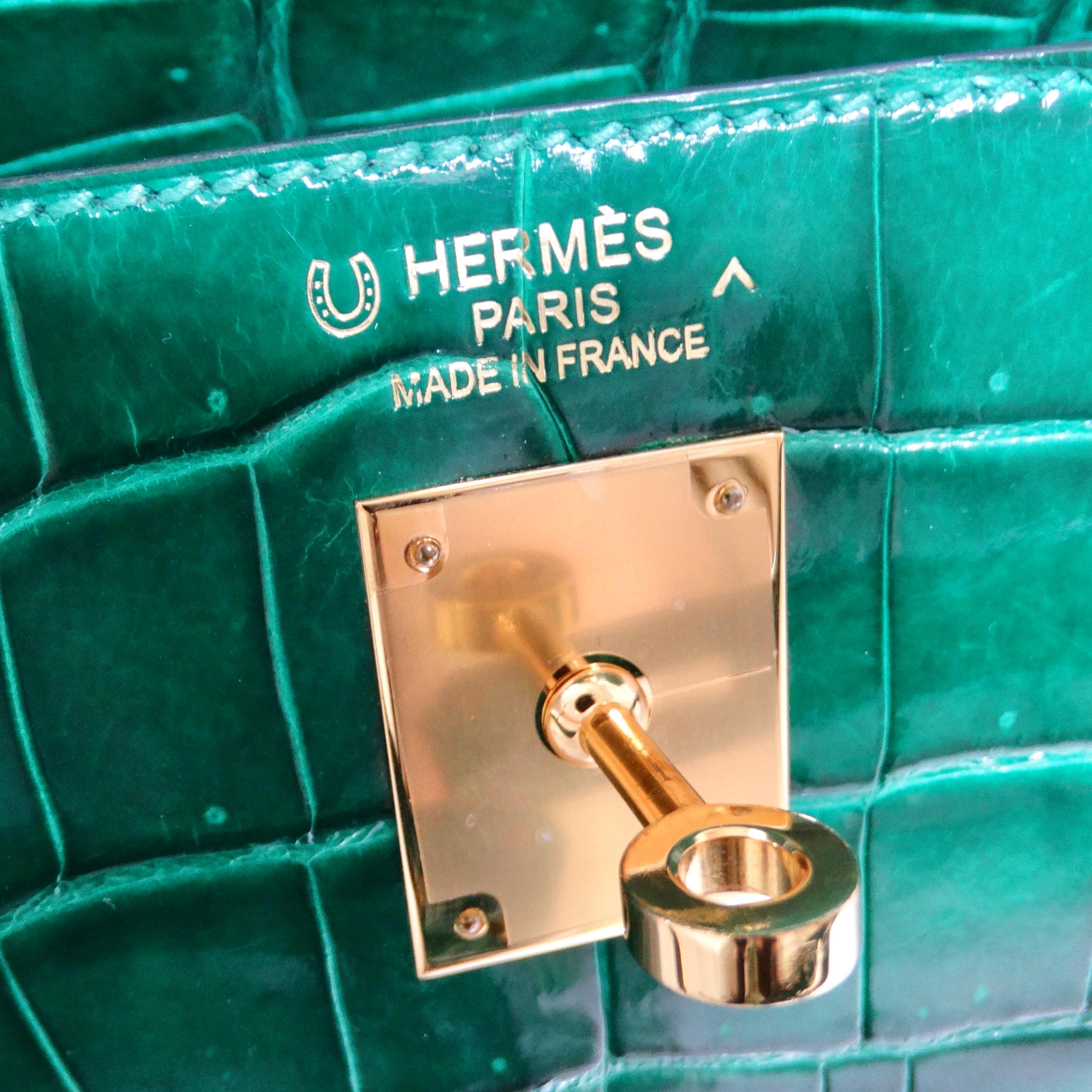 Hermes Kelly 34 cm Malachite Shiny Crocodile Porosus Gold Hardware For Sale 9