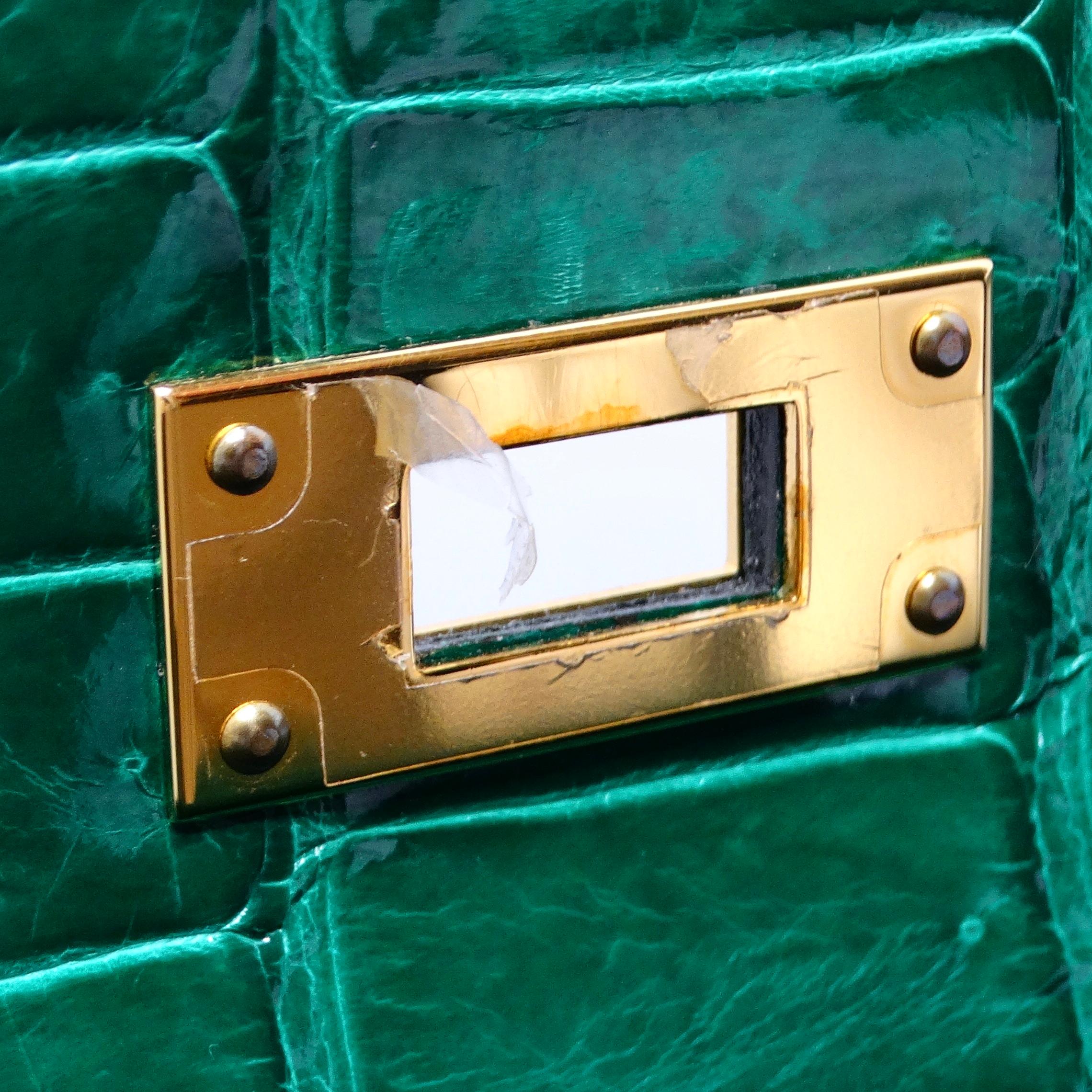 Hermes Kelly 35cm Malachit Glänzend Krokodil Porosus Gold Hardware im Angebot 12