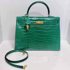 Hermes Kelly 35 Malachite Shiny Crocodile Porosus Gold Hardware