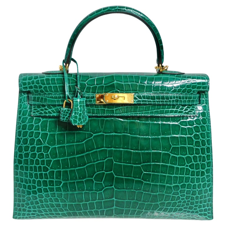 Hermes Kelly 35 Malachite Lucido Coccodrillo Porosus Hardware Oro