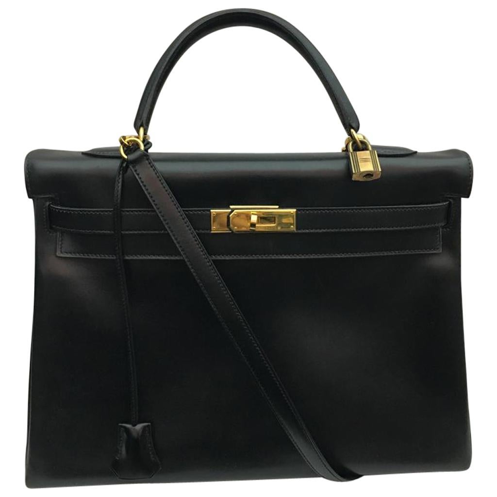 Hermes Kelly 35 Black Box Leather Bag