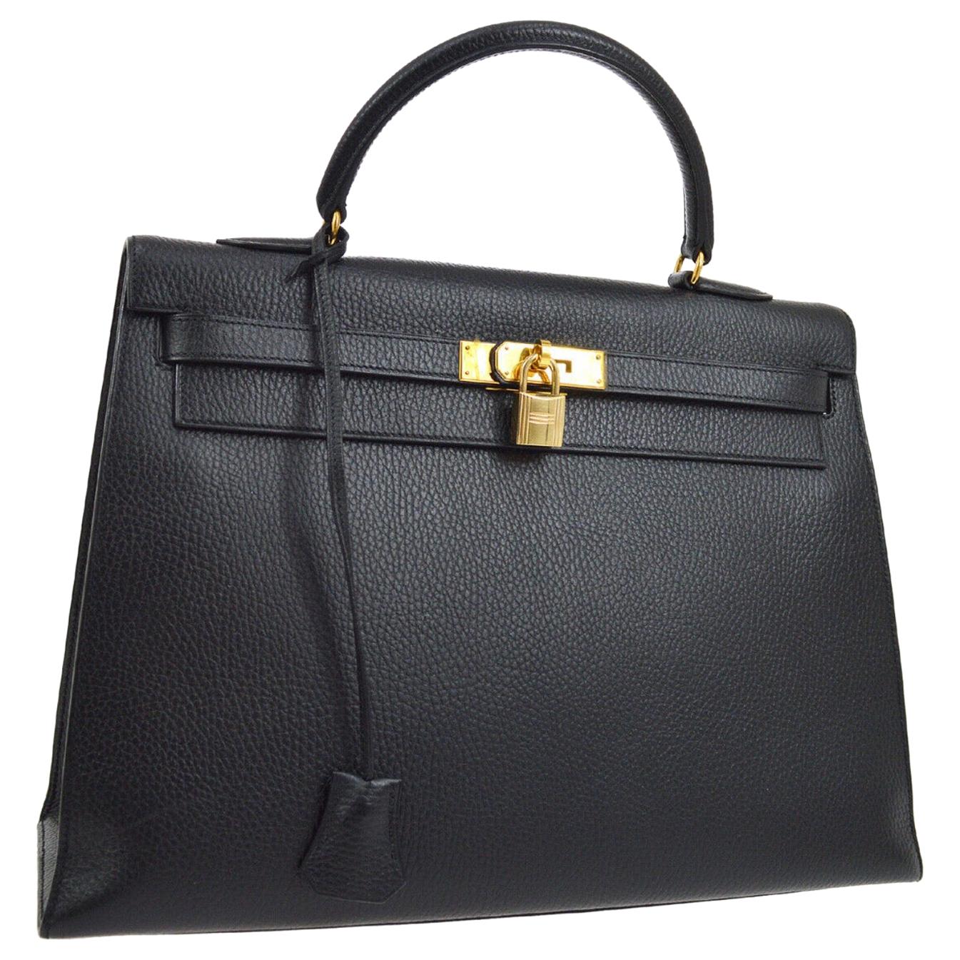 Hermes Kelly 35 Black Leather Gold Carryall Top Handle Satchel Tote Bag 