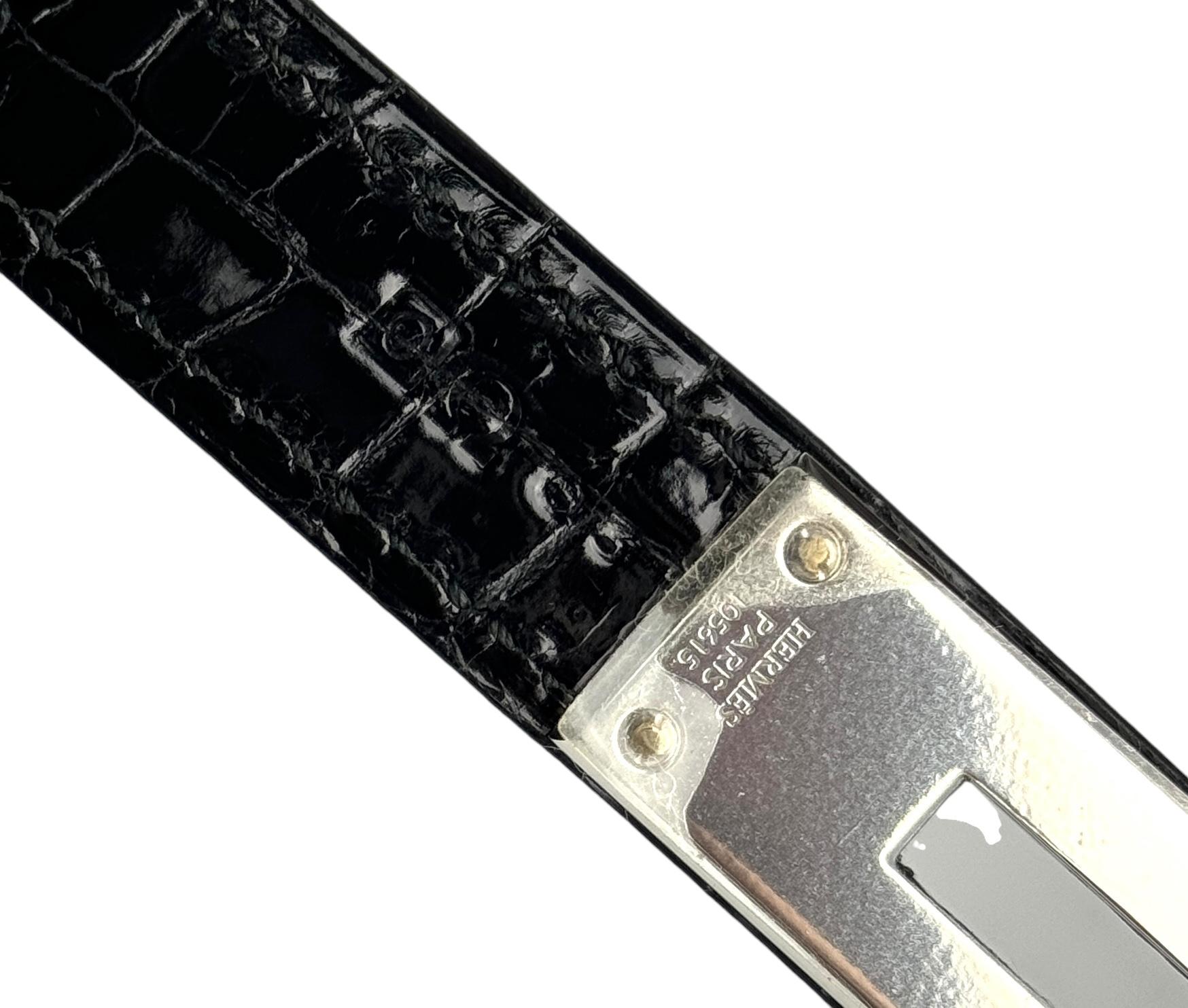 Hermes Kelly 35 Black Noir Diamond Shiny Crocodile 18K White Gold Hardware For Sale 6