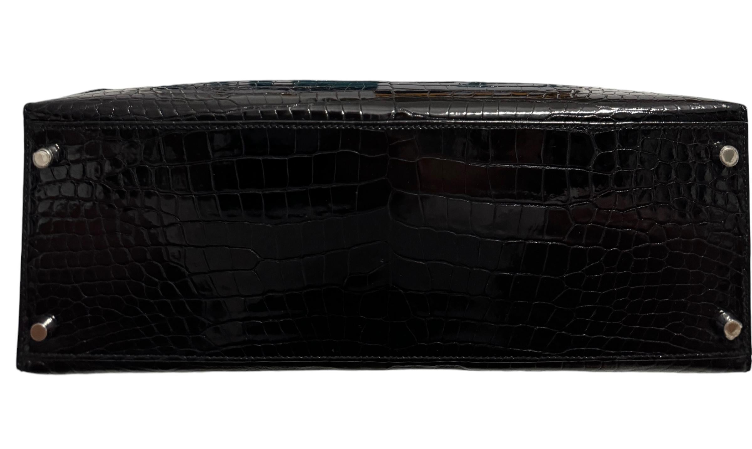 Hermes Kelly 35 Black Noir Diamond Shiny Crocodile 18K White Gold Hardware For Sale 7