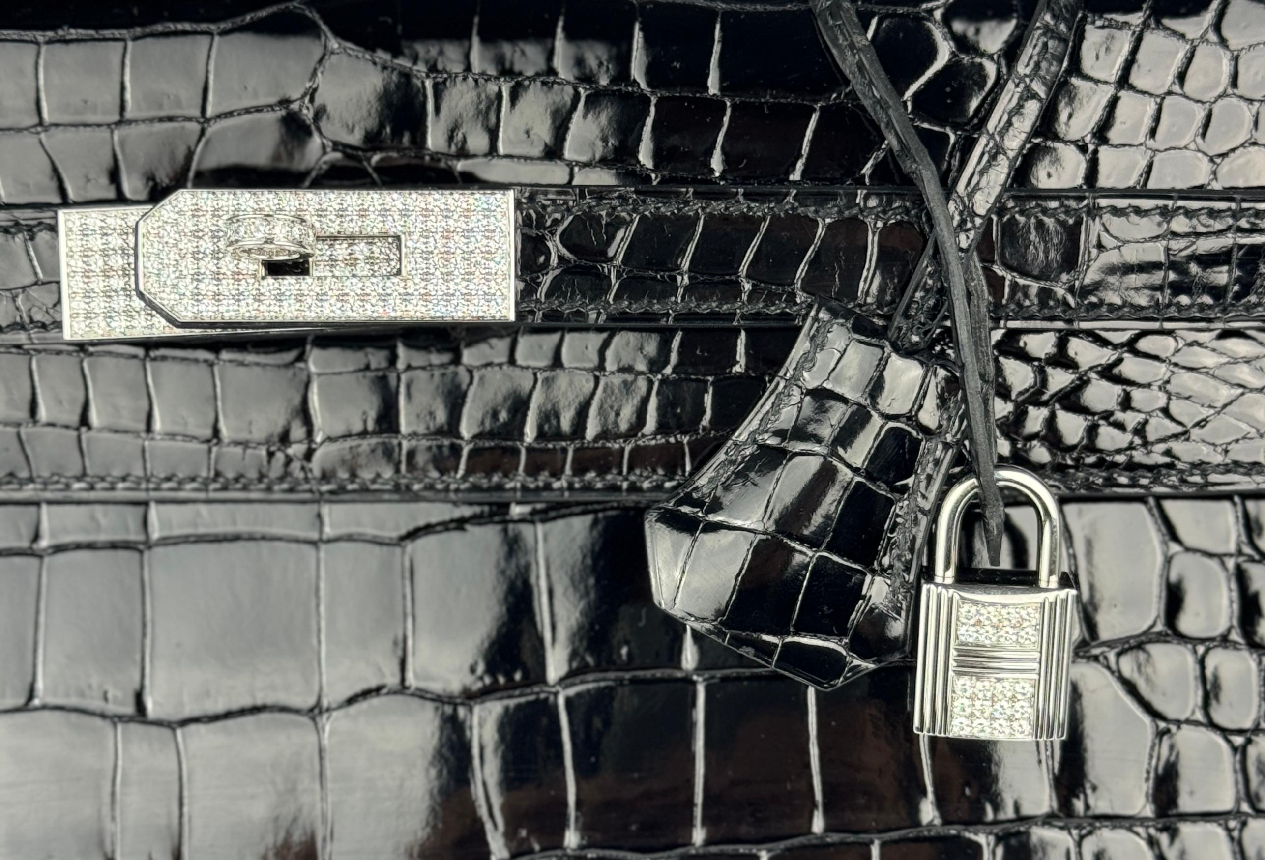 Up for sale is the Holy Grail Hermès Kelly 35 Diamond Black Shiny Crocodile. The Diamond Kelly is the pinnacle of luxury and elegance, celebrated as one of the rarest and most exquisite handbags in the world. Crafted from Porosus crocodile leather,