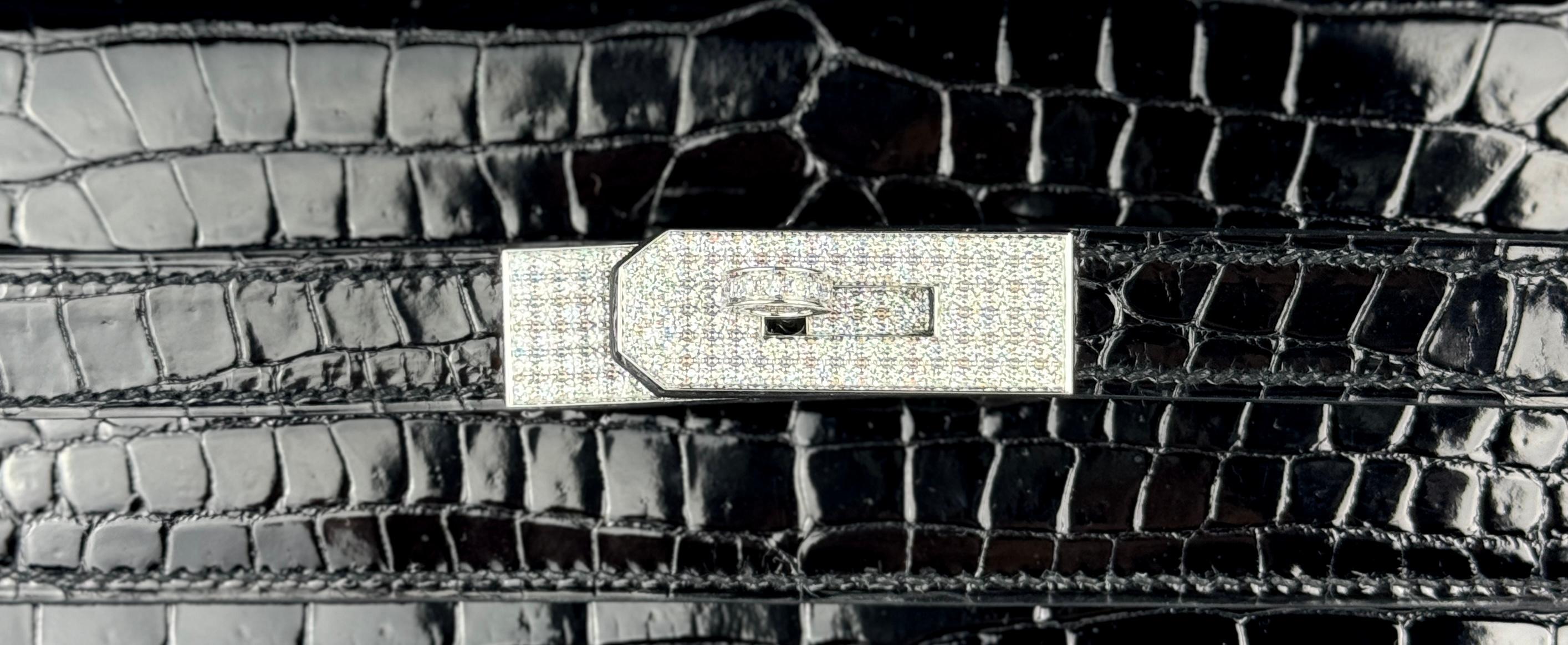 Hermes Kelly 35 Black Noir Diamond Shiny Crocodile 18K White Gold Hardware In New Condition For Sale In Miami, FL
