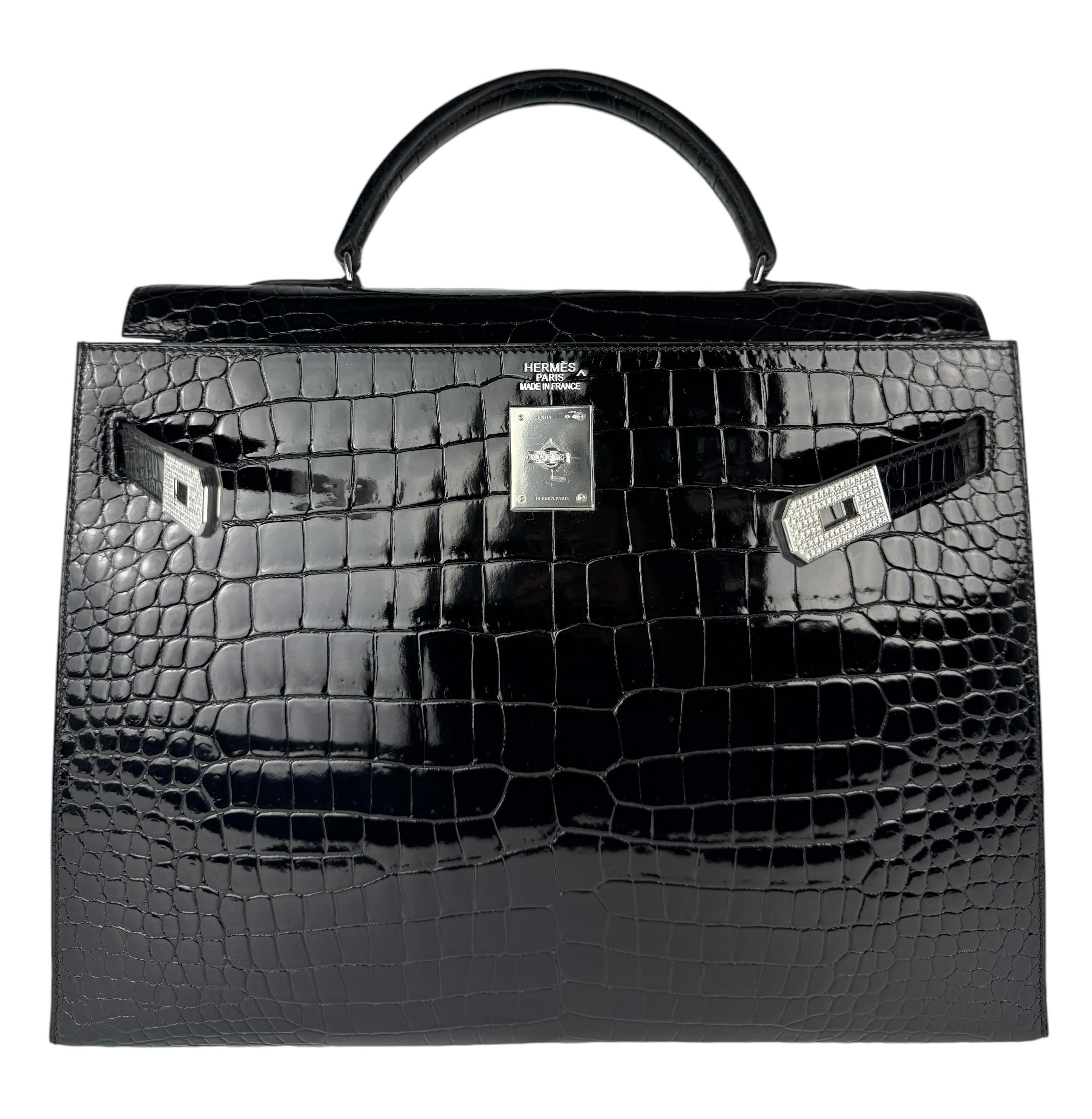 Women's or Men's Hermes Kelly 35 Black Noir Diamond Shiny Crocodile 18K White Gold Hardware For Sale