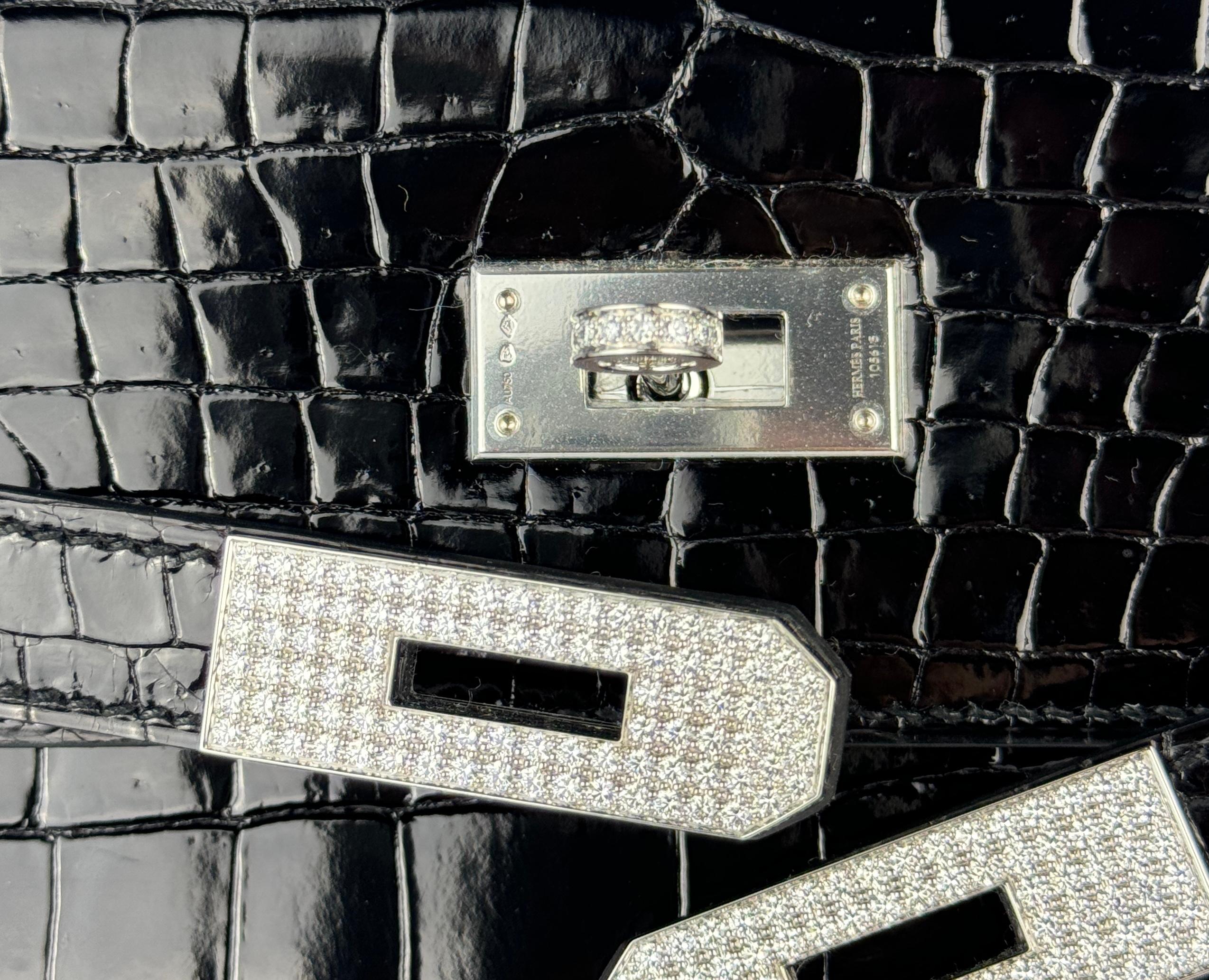 Hermes Kelly 35 Black Noir Diamond Shiny Crocodile 18K White Gold Hardware For Sale 1