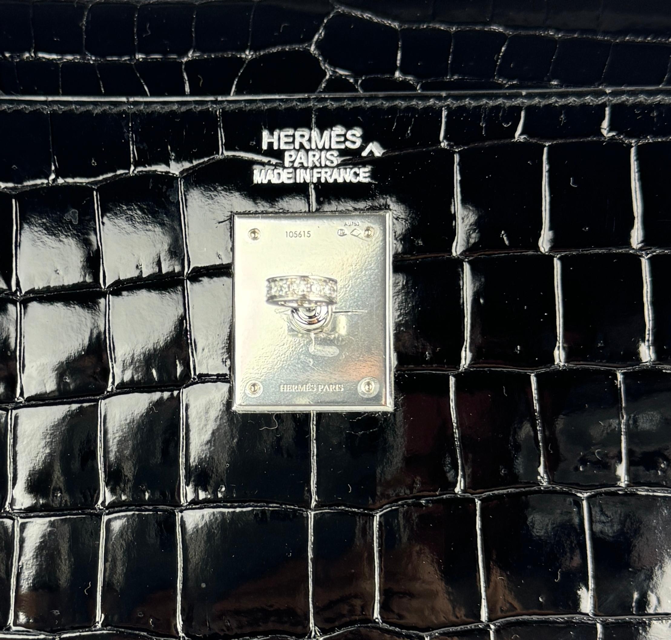 Hermes Kelly 35 Black Noir Diamond Shiny Crocodile 18K White Gold Hardware For Sale 2