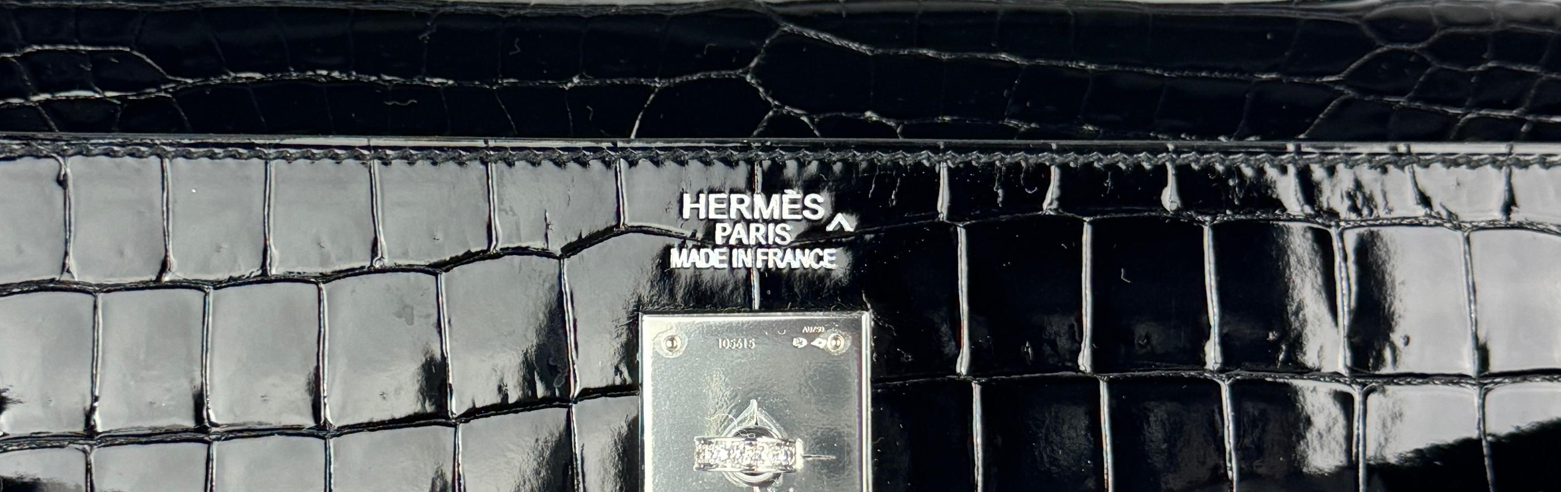 Hermes Kelly 35 Black Noir Diamond Shiny Crocodile 18K White Gold Hardware For Sale 3