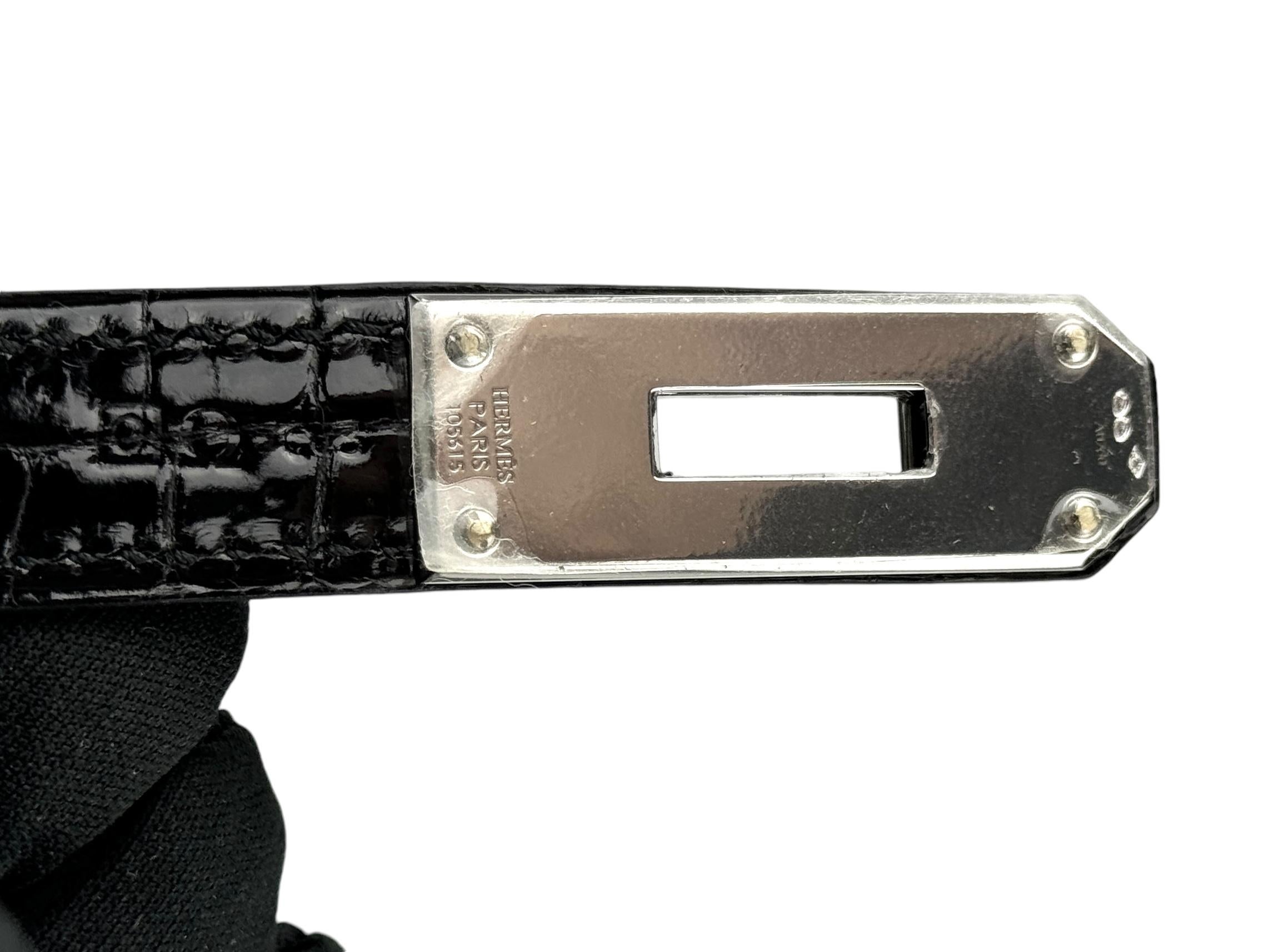 Hermes Kelly 35 Black Noir Diamond Shiny Crocodile 18K White Gold Hardware For Sale 5