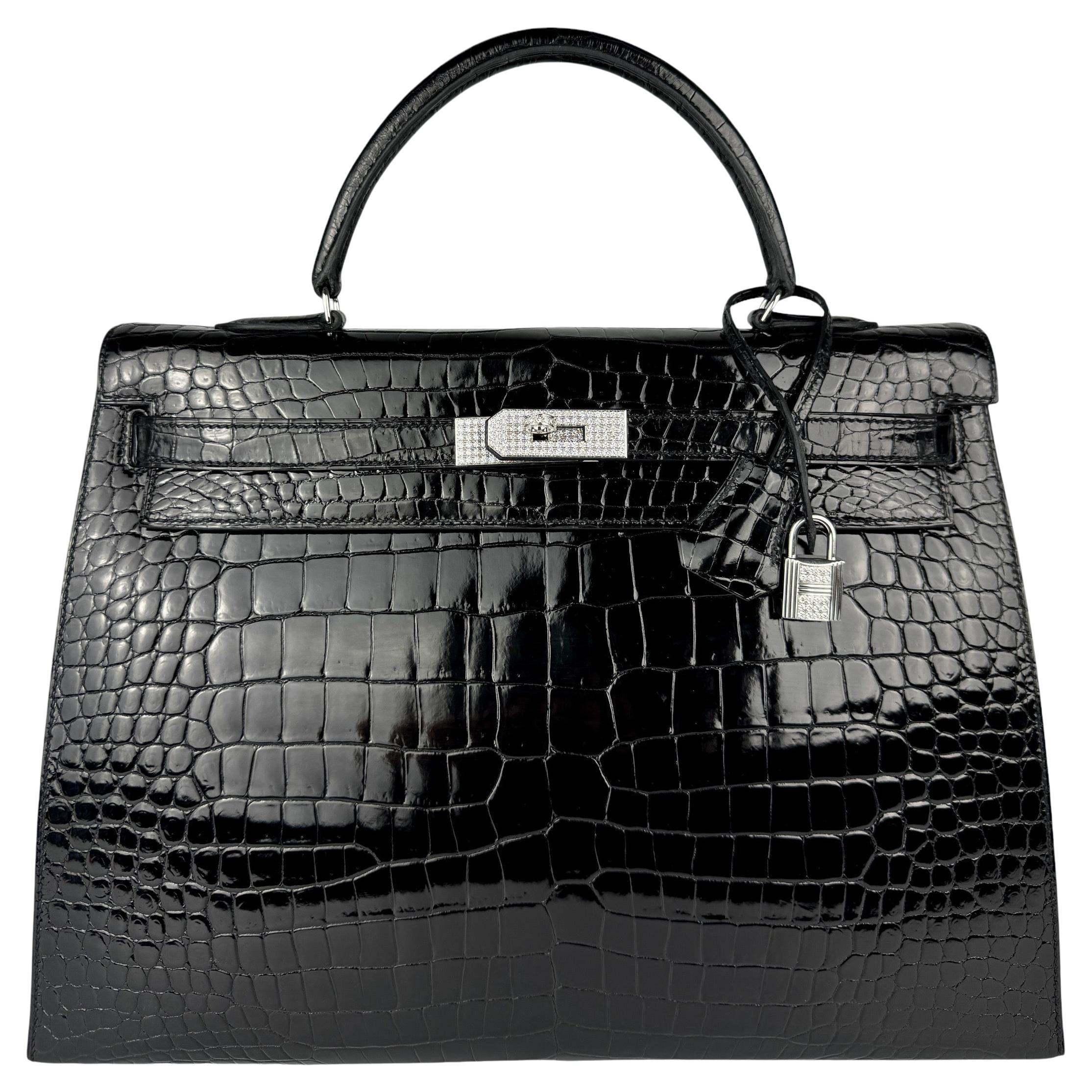 Hermes Kelly 35 Black Noir Diamond Shiny Crocodile 18K White Gold Hardware For Sale