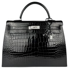 Hermes Kelly 35 Black Noir Diamond Shiny Crocodile 18K White Gold Hardware