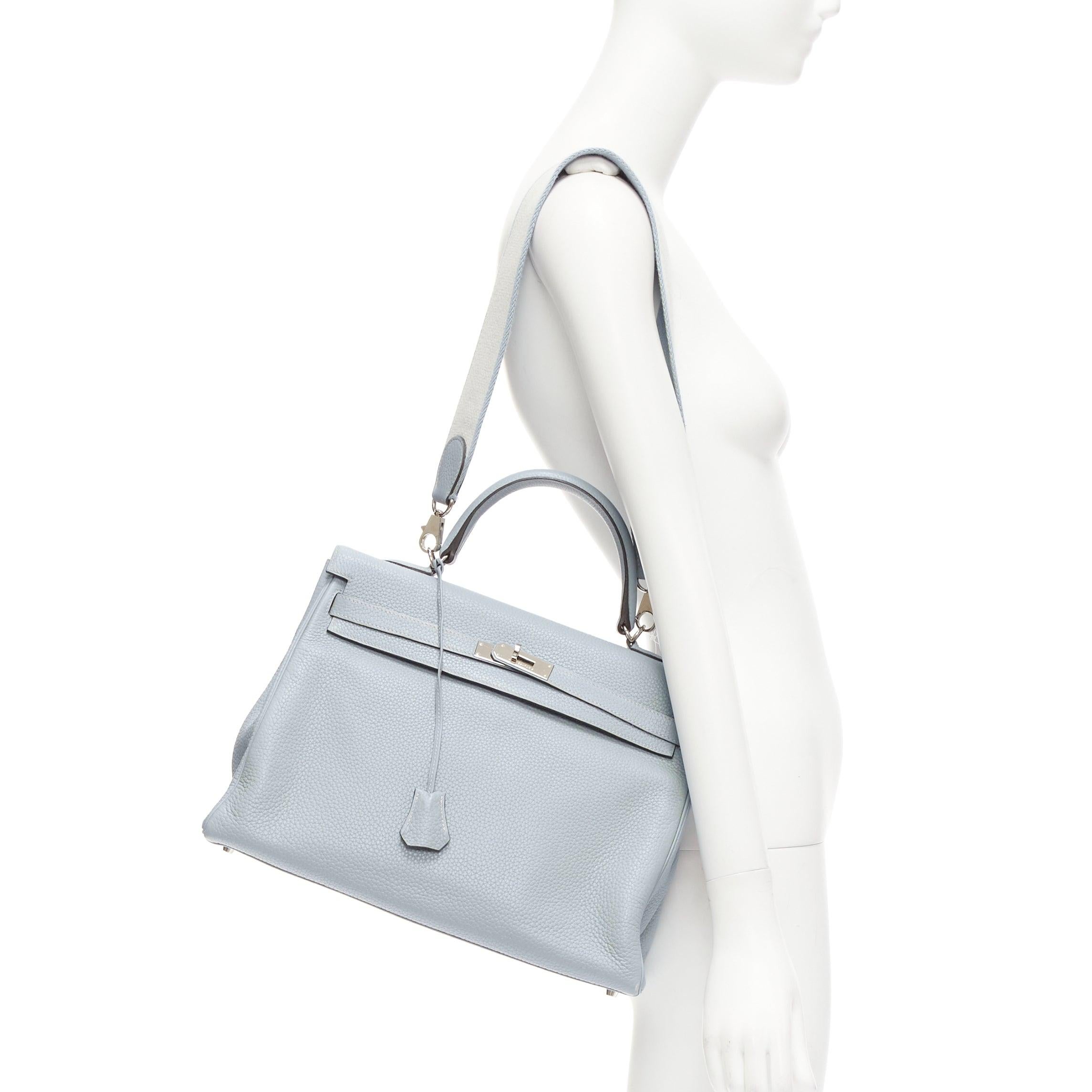 Hermès Kelly 35 Bleu Gacier Clemence sports canvas strap satchel bag
Reference: LNKO/A02392
Brand: Hermès
Model: Kelly 35
Material: Leather, Metal
Color: Blue, Silver
Pattern: Solid
Closure: Turnlock
Lining: Blue Leather
Extra Details: Square O