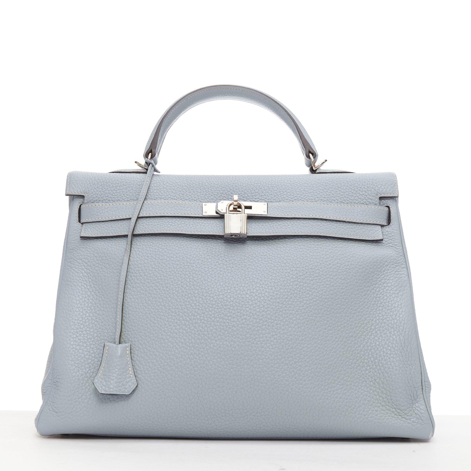 Gray Hermès Kelly 35 Bleu Gacier Clemence sports canvas strap satchel bag For Sale