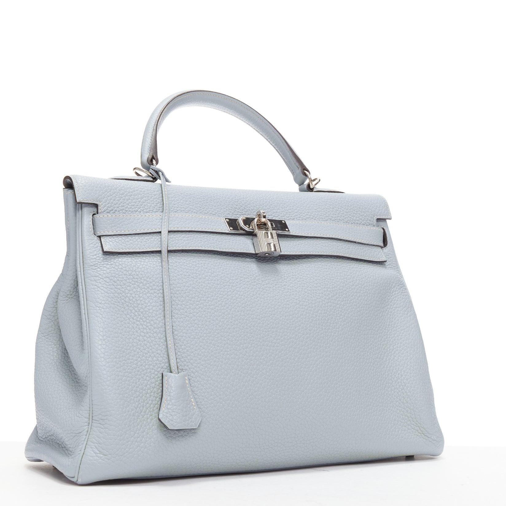 Hermès Kelly 35 Bleu Gacier Clemence sports canvas strap satchel bag In Good Condition For Sale In Hong Kong, NT