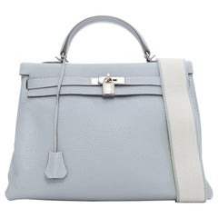 Hermès Kelly 35 Bleu Gacier Clemence sports canvas strap satchel bag