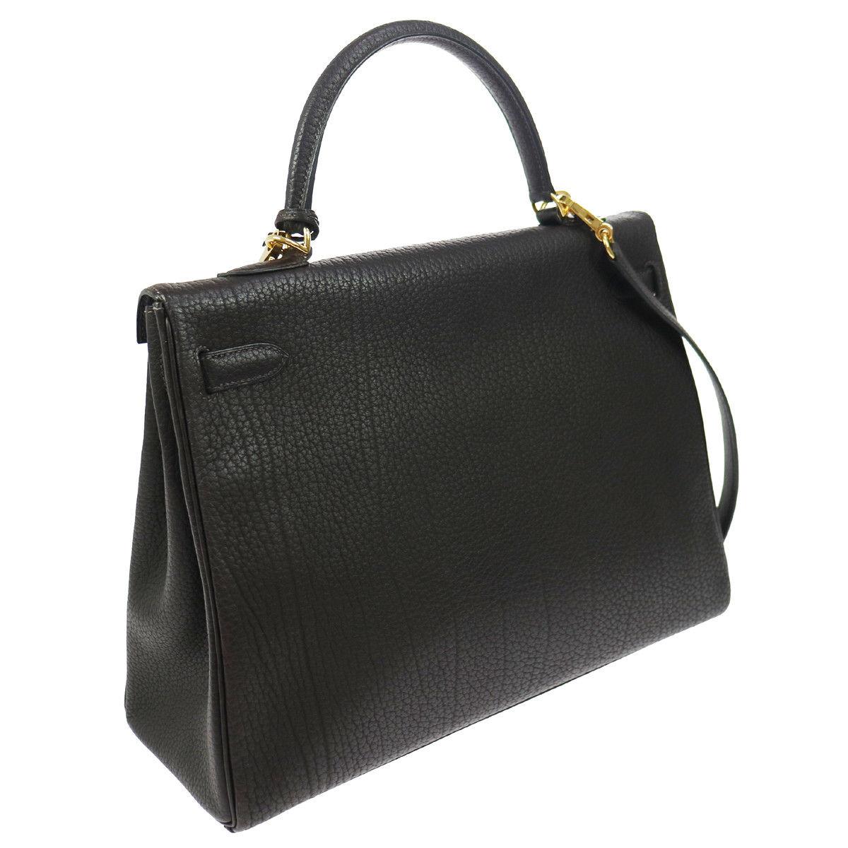 Black Hermes Kelly 35 Brown Leather Gold Top Handle Satchel Shoulder Bag in Box