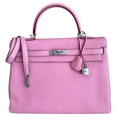Hermes Kelly 35 Bubblegum Gray Togo Leather Brushed Palladium Shoulder Bag