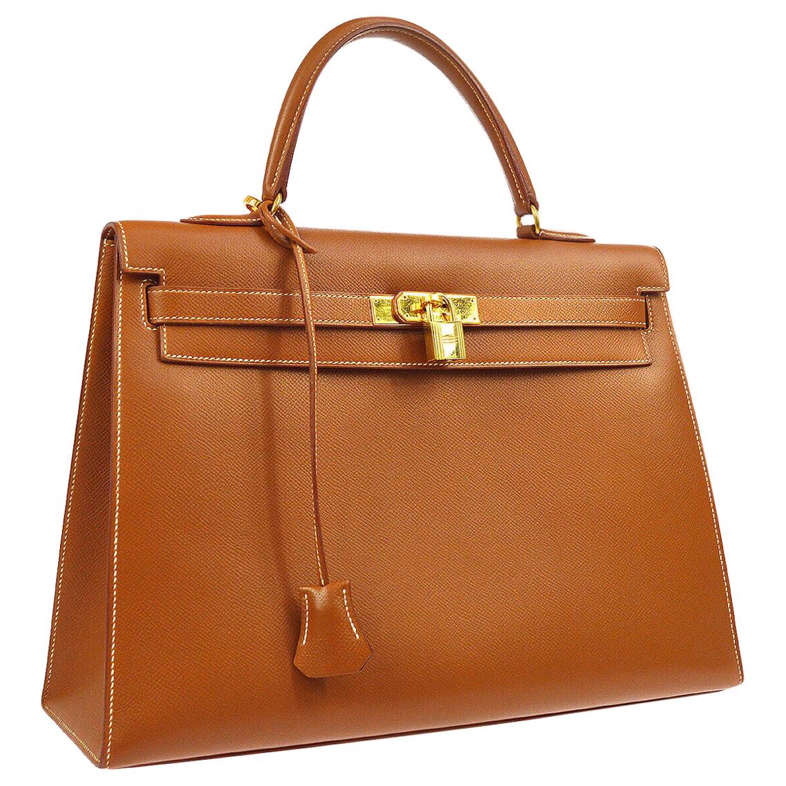 Hermes Kelly 35 Cognac Leather Gold Top Handle Satchel Flap Tote Bag