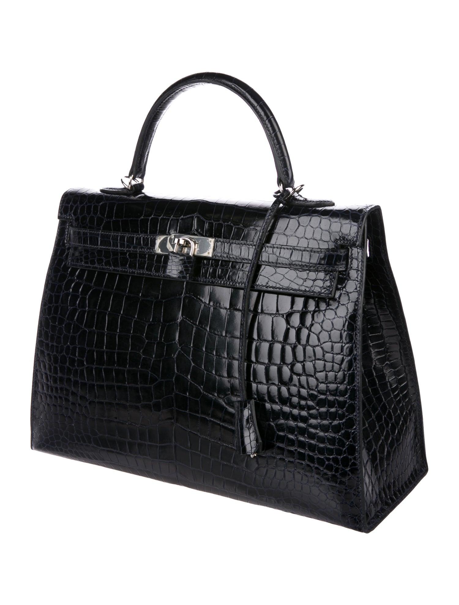 Black Hermes Kelly 35 Crocodile Exotic Leather Palladium Top Handle Satchel Flap Bag