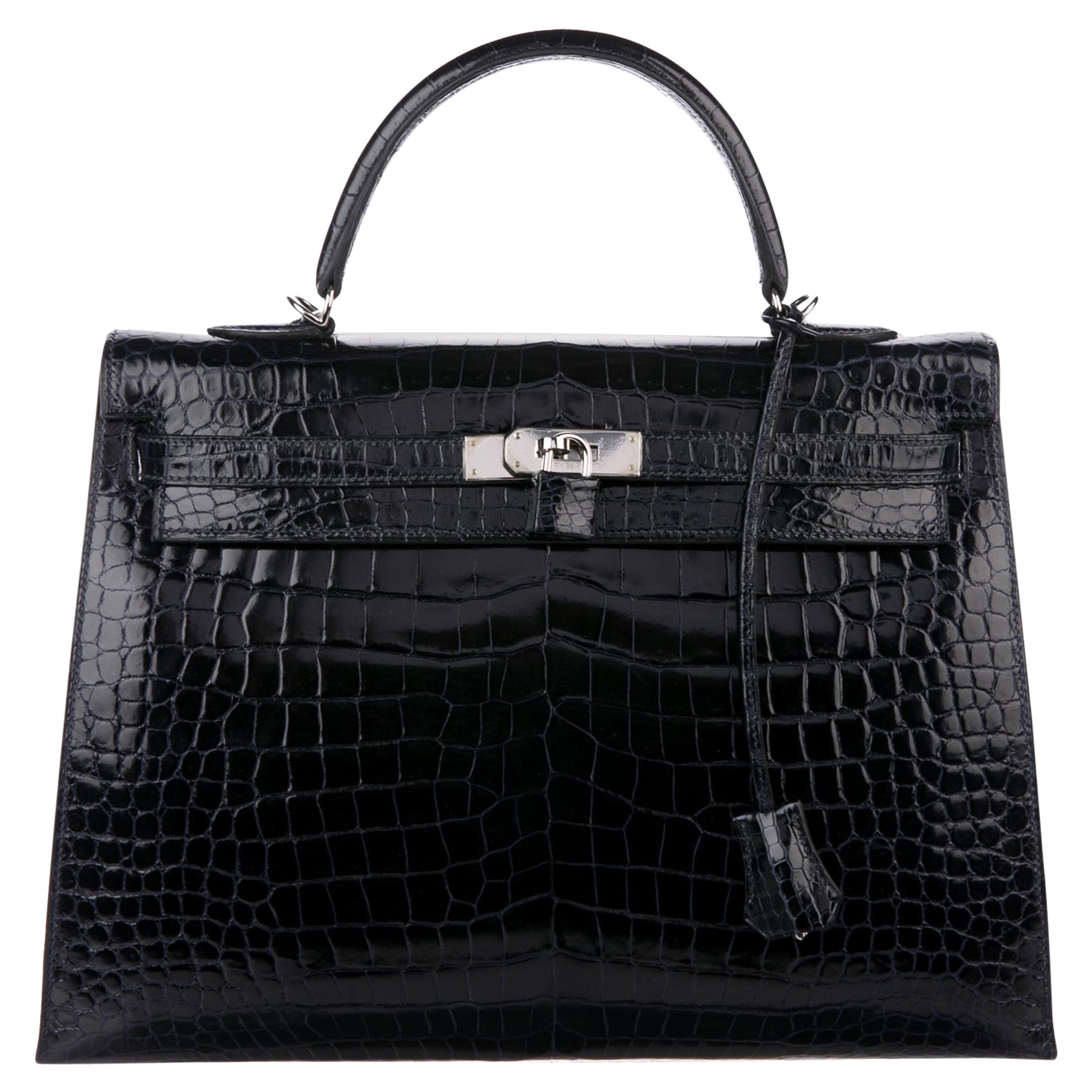 Hermes Kelly 35 Crocodile Exotic Leather Palladium Top Handle Satchel Flap Bag