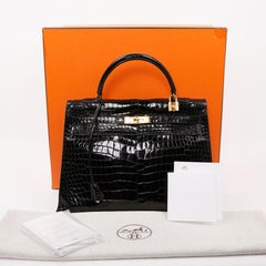 HERMES Kelly 35 Crocodile Shiny Black Bag