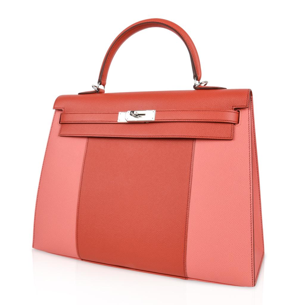 Hermes Kelly 35 Flag Bag Limited Edition Flamingo and Coral Rare In New Condition In Miami, FL