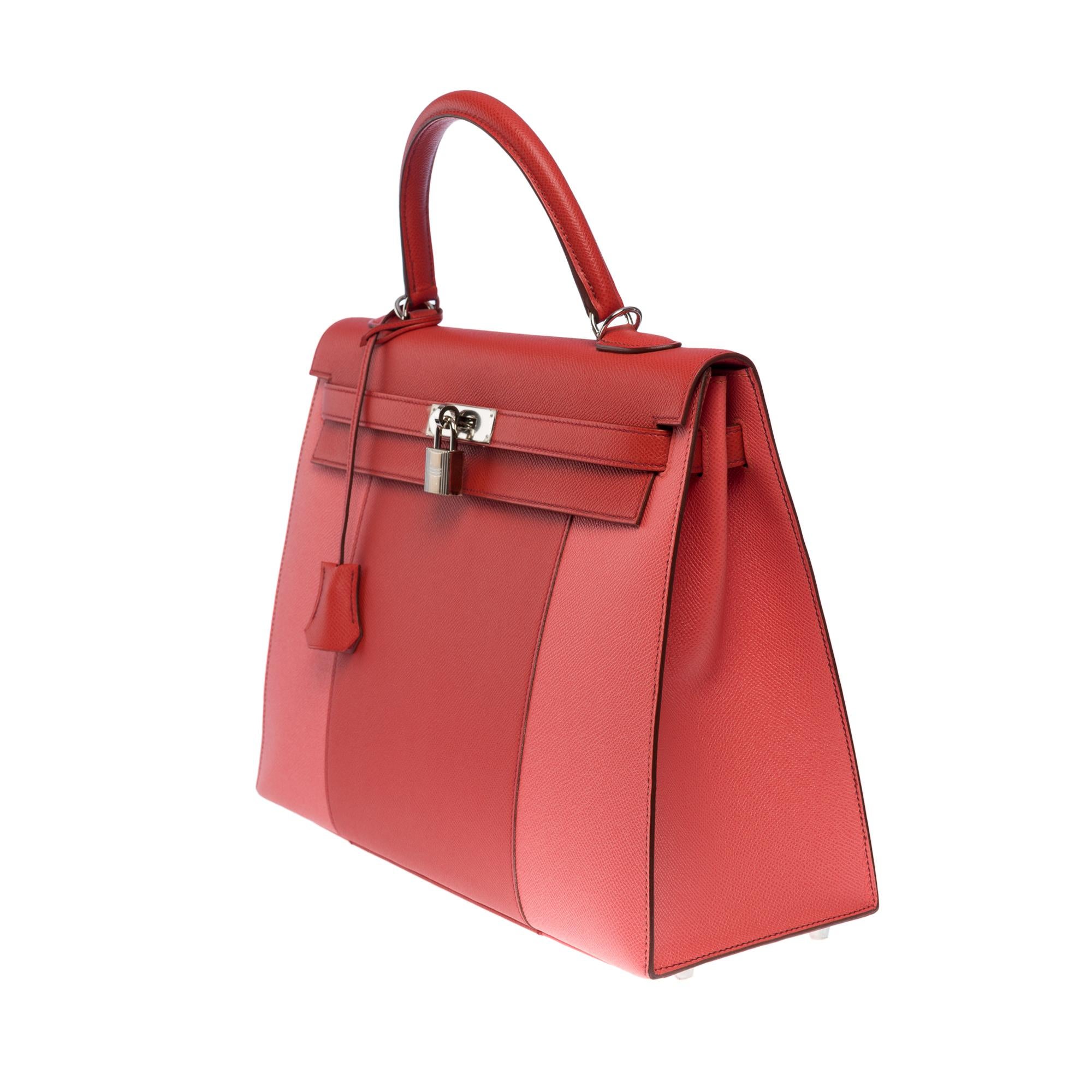 Women's Hermès Kelly 35 Flag strap in Pink corail / Flamingo epsom leather, PHW