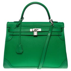 Hermès Kelly 35 ""Ghillies"" Handtaschenband aus grünem Bambus Togo/Swift Leder, SHW