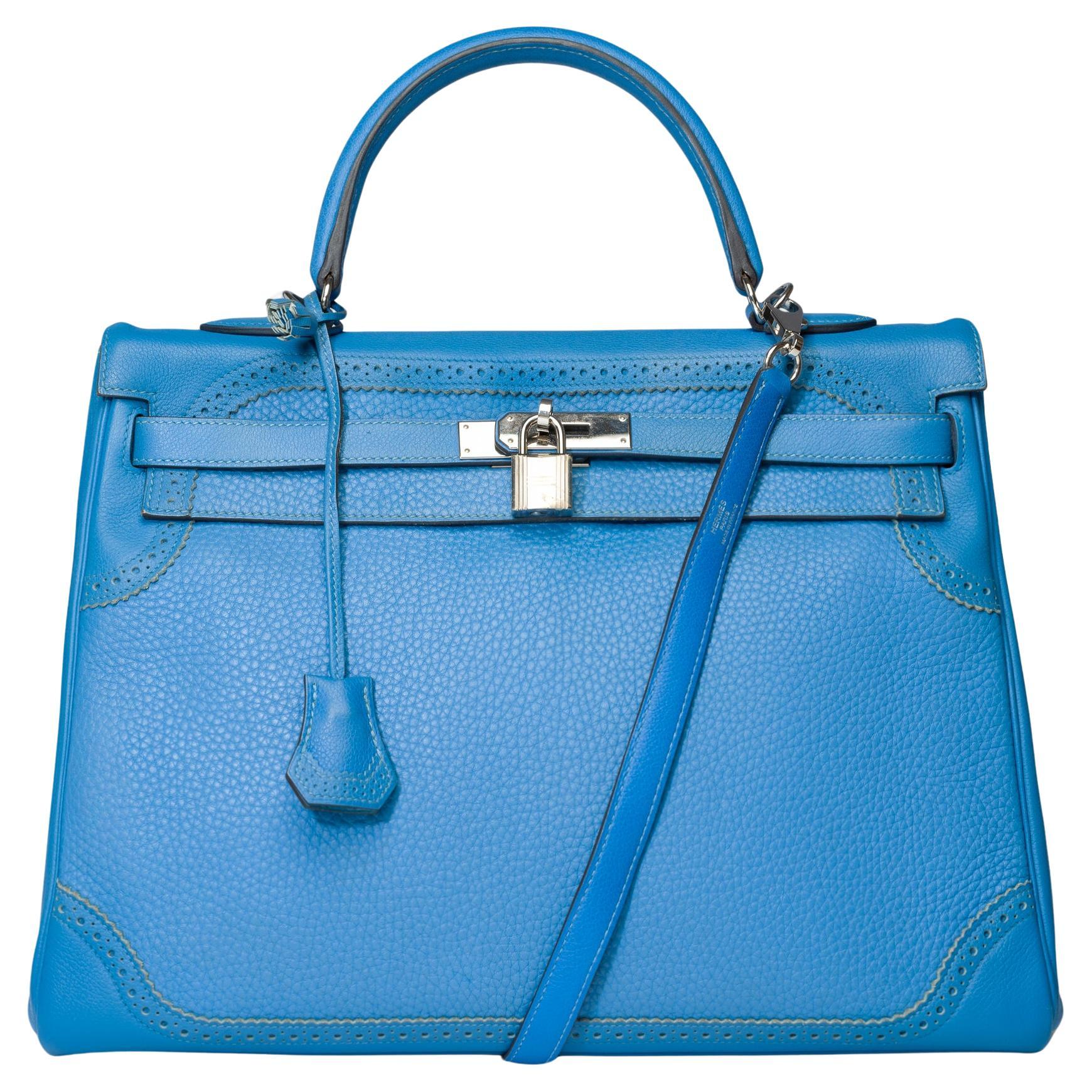 Hermès Kelly 35 "Ghillies" handbag strap in Paradis Blue Togo/Swift leather, SHW For Sale