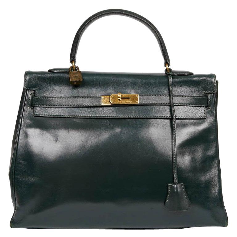 HERMES Kelly 35 Green Box Leather