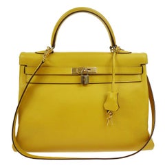 Hermes Kelly 35 Lemon Leather Top Handle Satchel Shoulder Tote Bag