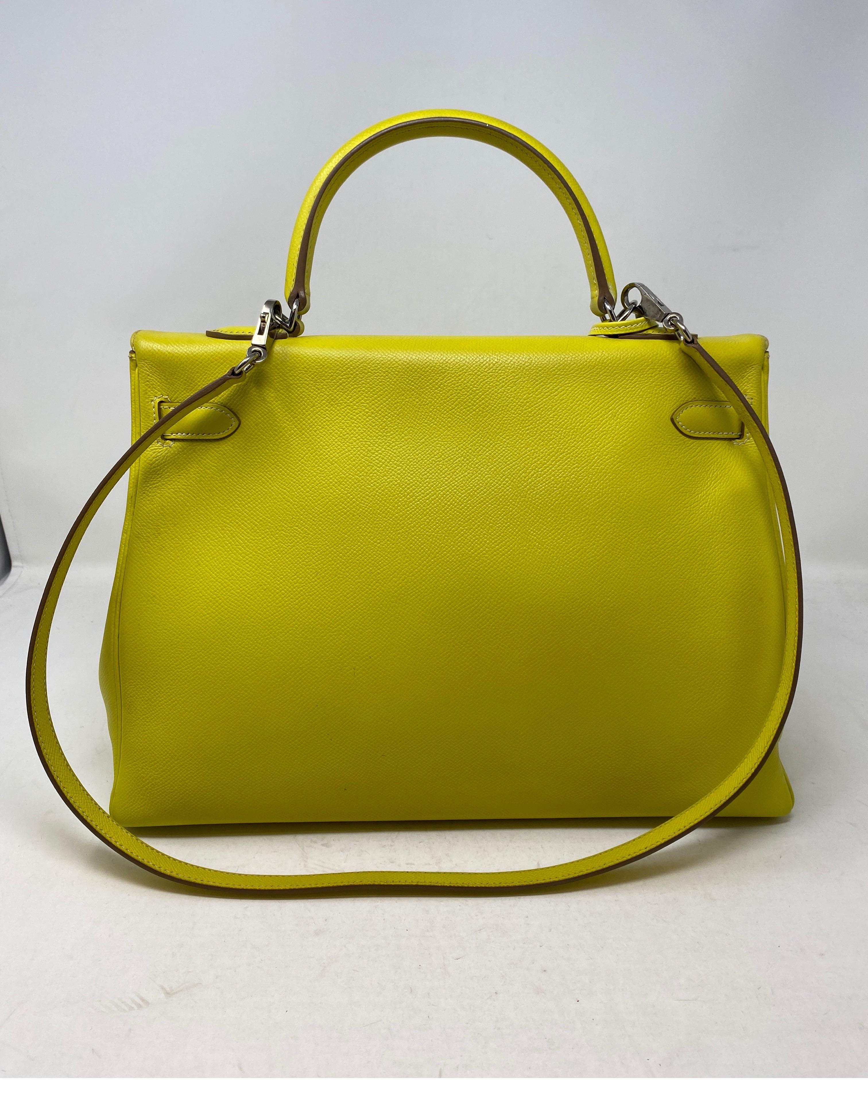 Hermes Kelly 35 Lime/ Gris Perle Candy Bag. Exterior lime color. Palladium hardware. Epsom leather. Rare color combo. Inside light grey color. Light wear on corners. Good condition. Includes clochette, lock, keys, and dust cover. Guaranteed