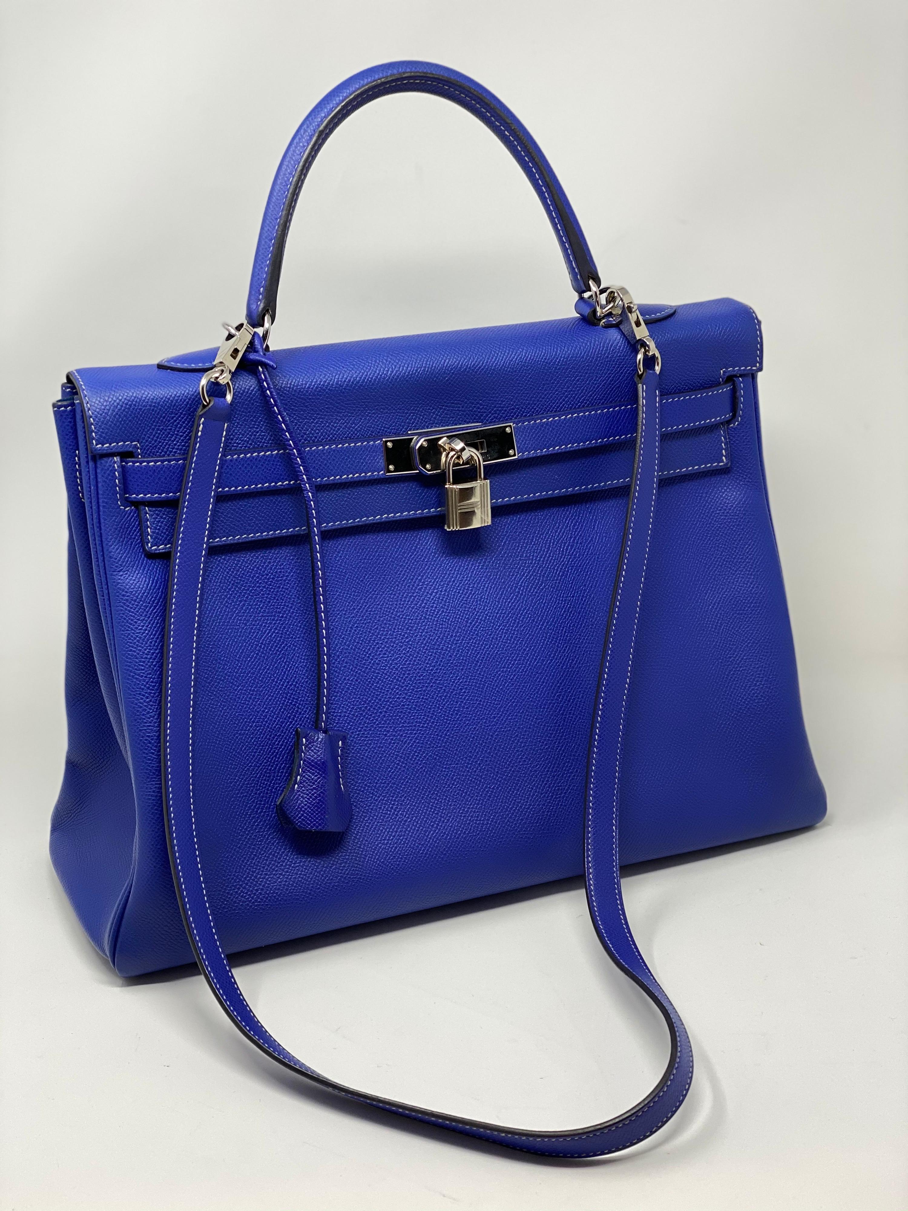 Hermes Kelly 35 Bleu Electrique/ Mykonos Limited Edition Bag. Candy Limited edition. Exterior is blue elecrtique and interior blue mykonos color. Rare and imited. Excellent condition. Stamp O from 2011. Palladium hardware. Includes lock, keys,