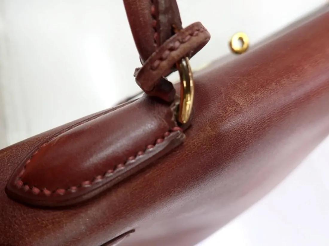 Hermes Kelly 35 Retourne Brown Box Calfskin Leather Gold Hardware For Sale 1