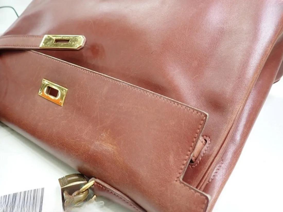 Hermes Kelly 35 Retourne Brown Box Calfskin Leather Gold Hardware For Sale 5