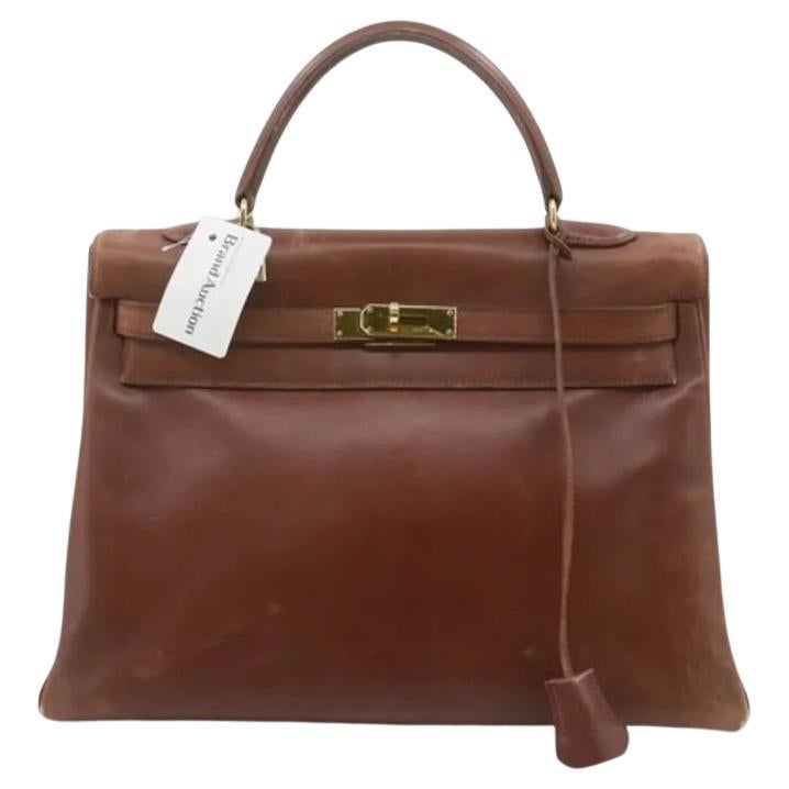 Hermes Kelly 35 Retourne Brown Box Calfskin Leather Gold Hardware For Sale