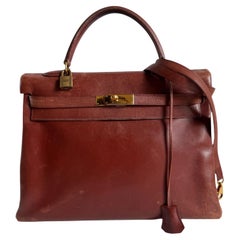 Hermes Kelly 35 Retourne Brown Box Calfskin Leather Gold Hardware